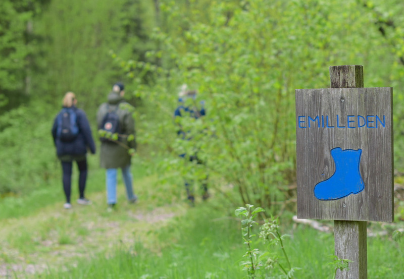 Skylt med texten Emilleden i naturmiljö